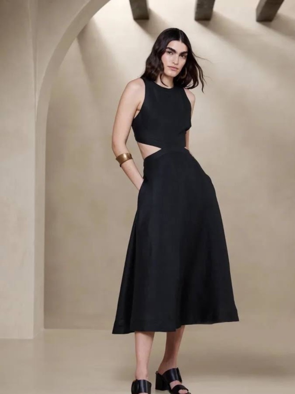 Banana Republic Lina Linen Cutout Midi Dress Black US